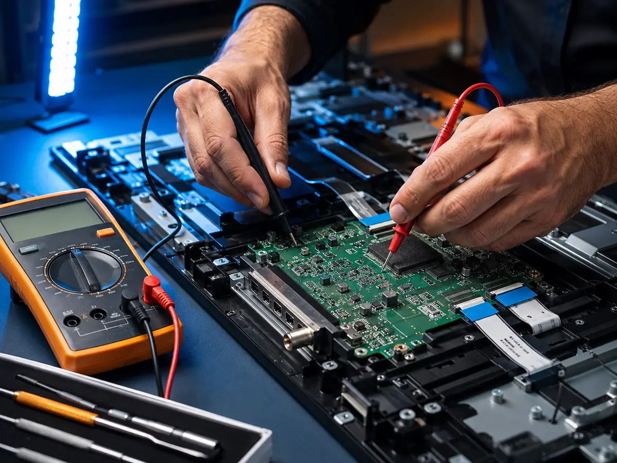 Televizyon elektronik kartını multimetre ile kontrol eden teknisyen